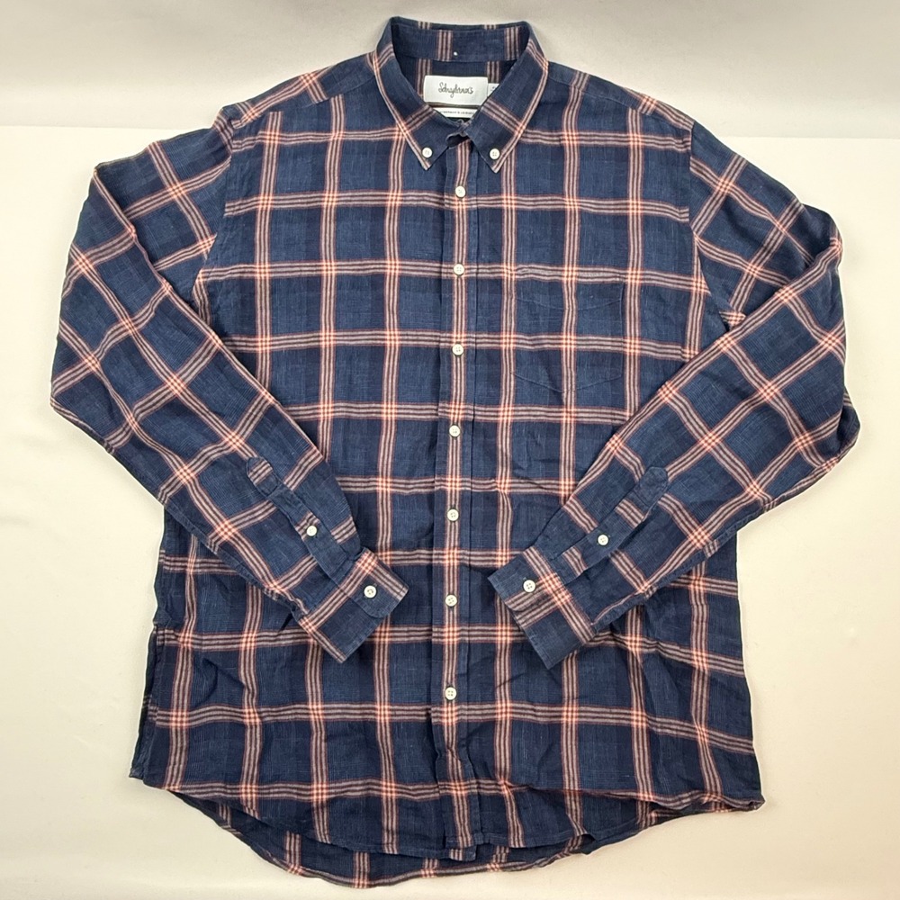 Schnayderman's Mens 16.5 41-42 Navy Blue Red Plaid 100% Linen Button Down Shirt